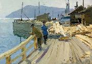 Anatoli Ilych Vasiliev Baikal Lake boat station. At the moorage France oil painting artist